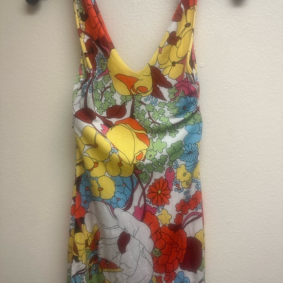 Sky Red and Yellow Vintage Silk Top with Abstract Floral Design - Picture 3 of 7